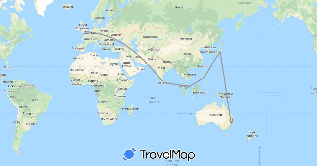 TravelMap itinerary: driving, plane in Australia, United Kingdom, Japan, Sri Lanka, Malaysia, Philippines, Singapore (Asia, Europe, Oceania)